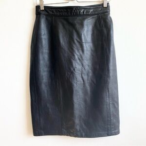 Classic Vintage Black Leather Pencil mid-length Skirt lined 80s retro simple